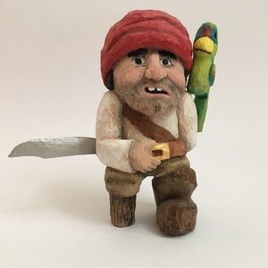 Hand Carved Pirate Figurine with Parrot